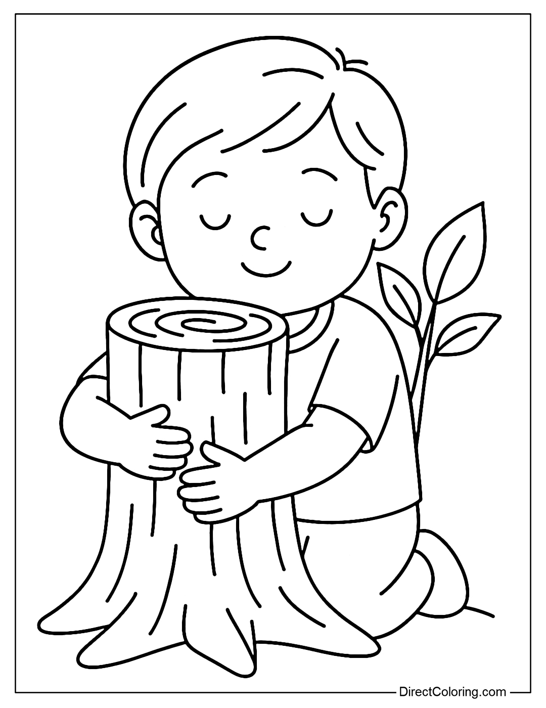 A coloring page where a child is hugging a stump of a tree with a young shoot growing from it.